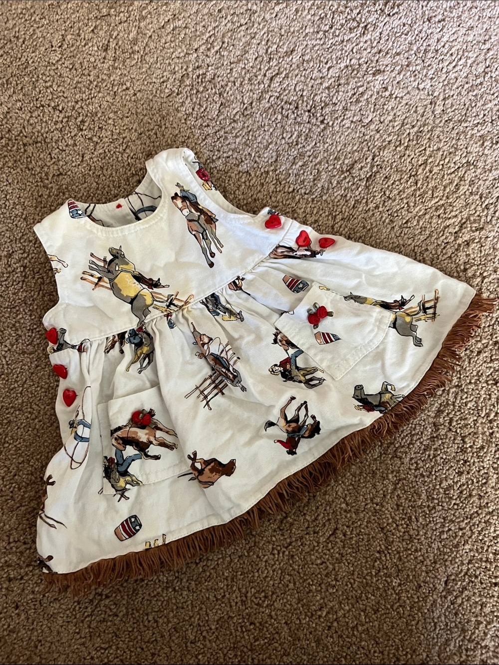 White Cowboy Print Casual Dress for Kids with Red Heart Accents